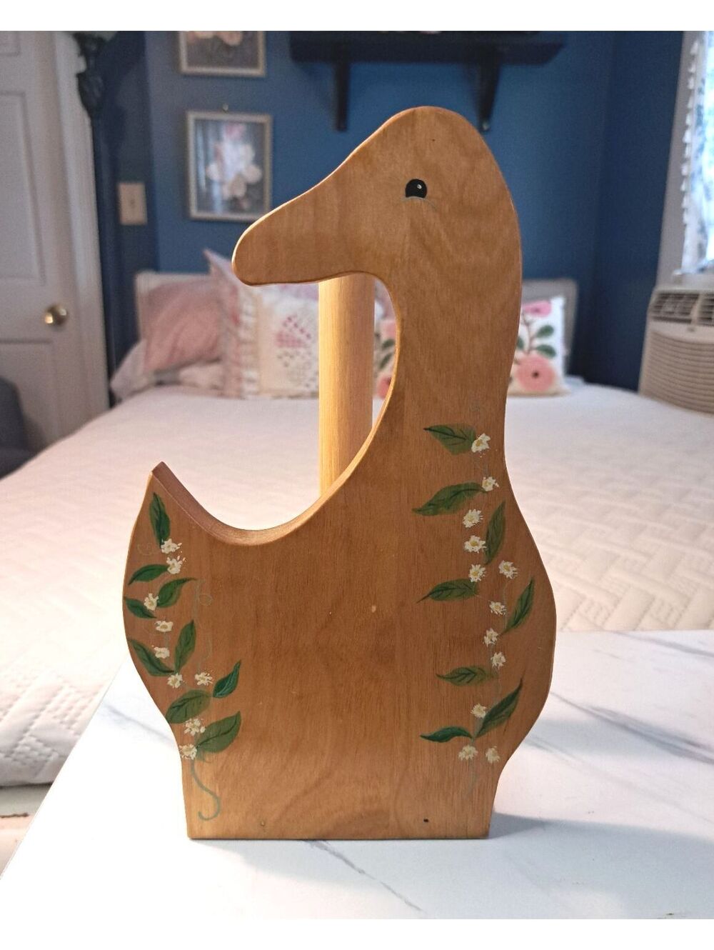 Vintage Handcrafted Wooden Duck/Goose w/ Flowers Paper Towel Holder 10.5"